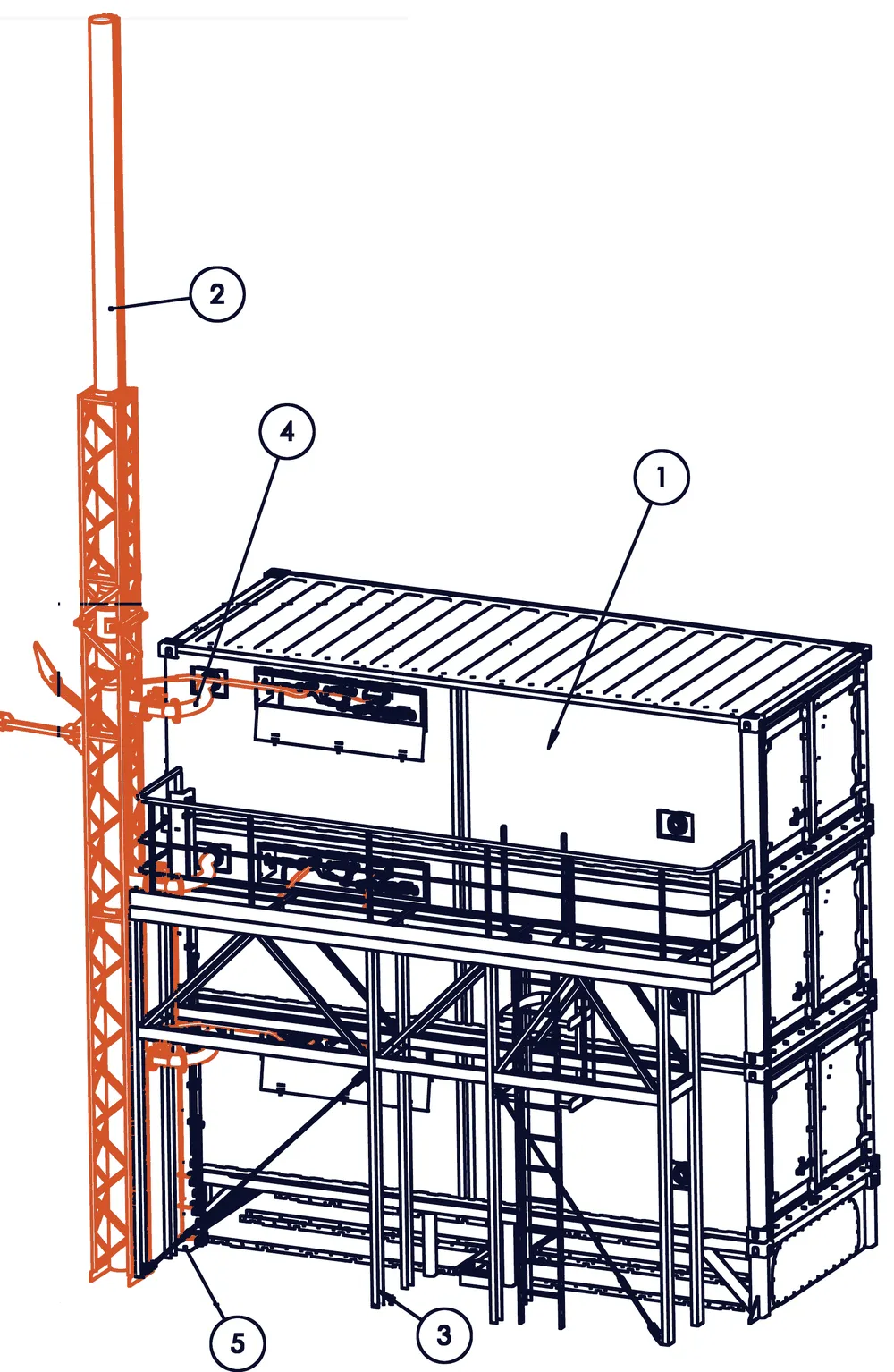 Arrangement drawing of three stacked gas storage containers on deck with the ventilation chimney, container vent connections, service platform, and gas inlet tower