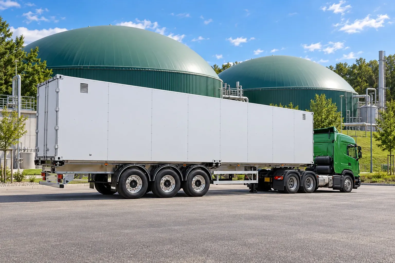 White 40 ft biomethane transport container on a trailer with a green tractor unit, in front of biogas plant digesters