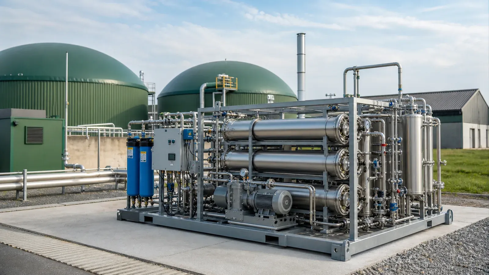 Membrane biogas upgrading skid in front of biogas digesters