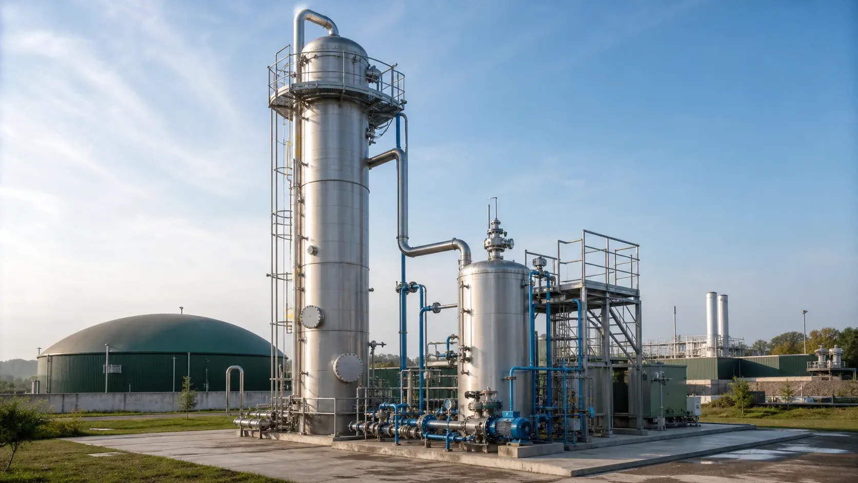 Illustration of a water-scrubbing biomethane plant with absorption column